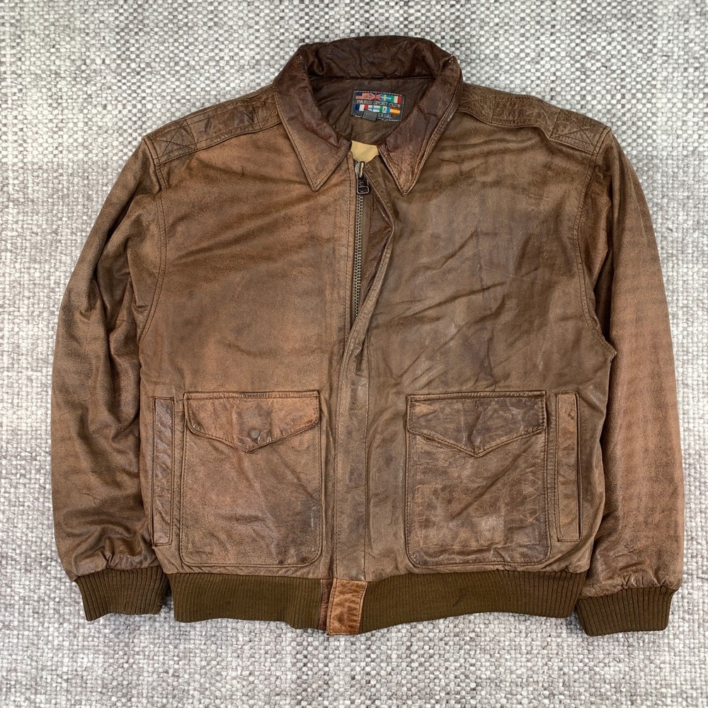 Vintage Paris Sport Club Brown Leather Flight Bomber Jacket Mens XL Distressed